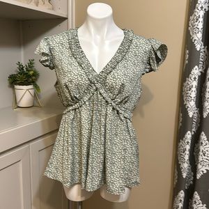 V neck blouse with ruffle trim ditsy floral